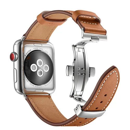 correa piel marron hebilla plata apple watch