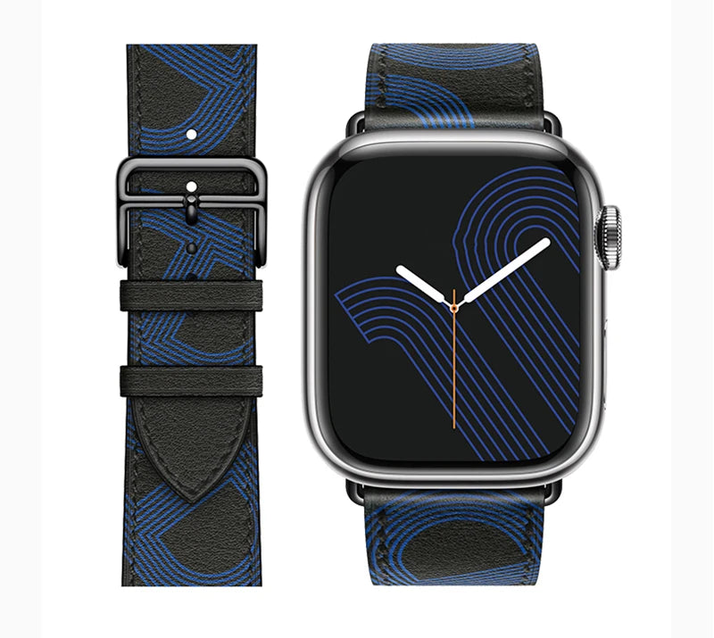 correa piel grabada negra azul apple watch