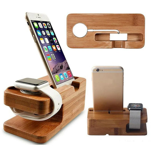 Soporte carga Apple Watch iPhone en madera de bambú