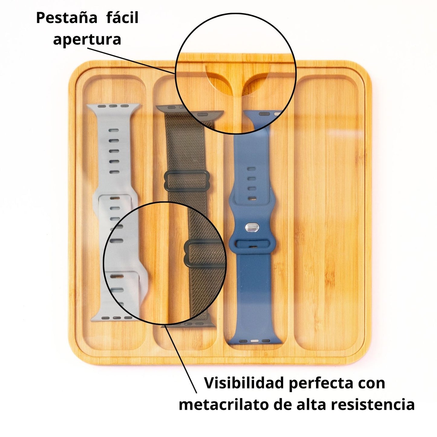 Set 3 correas Silicona y Nailon + Caja expositora de madera de bambú